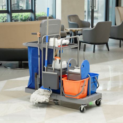 Carro de limpieza profesional de 3 niveles con bolsa de basura, ganchos para escobas, cubo de fregona con escurridor y 5 ruedas, para hoteles y posadas, 111 x 63,3 x 103 cm, gris.