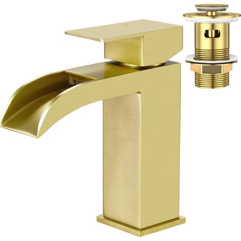 Robinet pour Lavabo Salle de Bain cascade rectangulaire, Mitigeur Monocommande, Or (1/5)