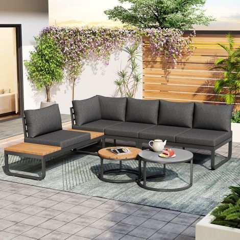 Set di mobili da giardino (4-5 posti), 2 tavolini impilabili, struttura in ferro zincato, comodi mobili da giardino, cuscini e guanciali grigi inclusi, con gambe regolabili. (1/5)