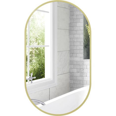 Miroir de salle de bain ovale 40 x 70 cm, miroir mural décoratif avec cadre en aluminium pour salon, installation horizontale ou verticale, doré