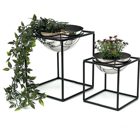 DanDiBo Tabouret à fleurs Métal avec pot Noir Argent Porte-fleurs 96256 Lot de 2 Colonne à fleurs Moderne Porte-plantes Tabouret à plantes