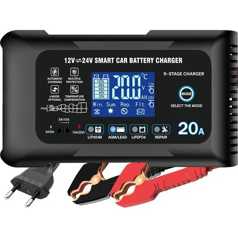Chargeur de batterie de voiture 20 A, 12 V, 24 V, 20 A, chargeur de maintenance et désulfuration, convient pour lithium, LiFePO4, acide plomb-acide (AGM, gel, etc.), motos, voitures, bateaux (1/5)