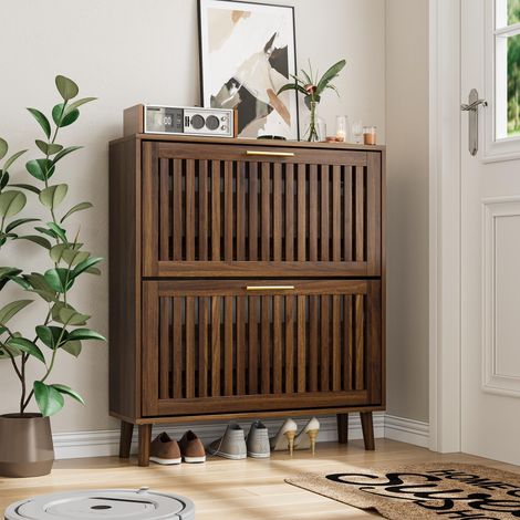 Meuble à chaussures en noyer 80 cm – Armoire à chaussures style Mid-Century Modern avec 2 grands tiroirs abattants et étagères modulables, range-chaussures étroit pour entrée et couloir