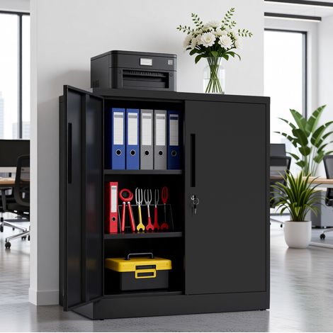 Armoire métallique 90x80x40 cm en métal noir, avec rangement, facile à monter pour bureau FLORAGRACE (1/5)