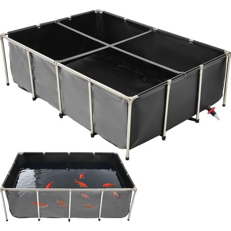 VEVOR Tela Peschiera Fuori Terra 1781,3 L, con Pannello di Visualizzazione Trasparente, Rettangolare Pesci Rossi con Telaio in Acciaio Inox, Valvola di Scarico, per Allevamento Carpa, Nero (1/5)