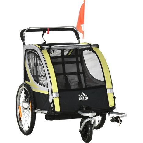 Beyamis Kinderfahrradanhänger und Kinderwagen, 2-in-1-Design mit Bremse, 5-Punkt-Gurt, Fahrradanhänger mit Seitentaschen, Reflektoren und Fahne, Gelb