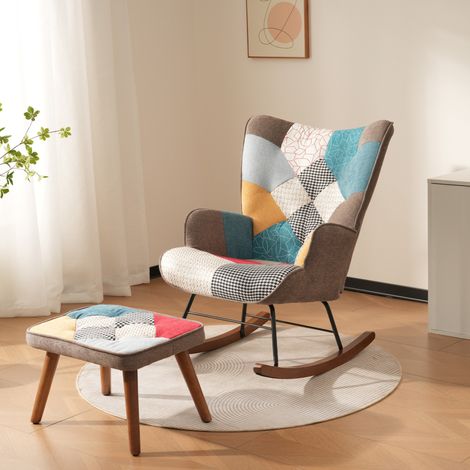 Silla mecedora patchwork colorida con reposapiés, 69,5 x 50 x 88,5 cm (1/5)