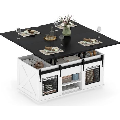 COSTWAY Lift Top Coffee Table with 2 Sliding Barn Doors and Open Shelves Black (1/5)
