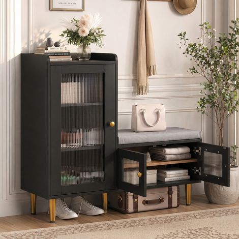 ADWOLT Banc à chaussures Moderne-Meuble à Chaussures -Armoire à chaussures-3 portes-Meuble d'entrée -MDF-100x35x94 cm-Noir (1/5)