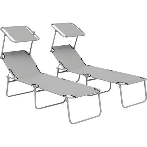 Outsunny Folding Sun Lounger Set of 2 w/ Sunshade Adjustable Backrest Light Grey