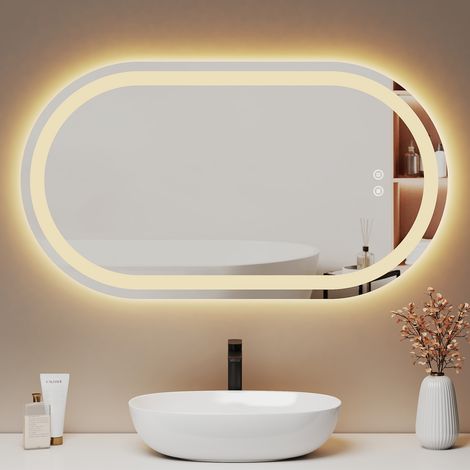 EMKE Lichtspiegel mit Anti-Beschlag 50x90cm 3 Lichtfarben Dimmbar Lichtstreifen Rahmenlos Abgerundet rechteckig