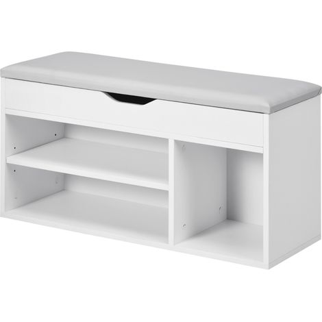 Meuble à chaussures avec banc et coussin, étagères et tiroir, deux niveaux, entrée et couloir, style moderne, charge max 120 kg, 80x30x43 cm, blanc