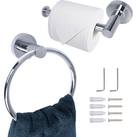 2 Pièces Porte Papier Toilette et Anneau Porte Serviette en Acier Inoxydable, Porte Rouleau Support Papier Toilette Mural, Accessoire Matériel pour Salle de Bain Cuisine WC Toilet, Argenté (1/5)