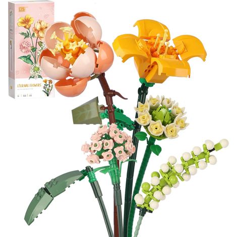 Bouquet de Fleurs en Kit de Construction, Fleurs Artificielles DIY, Déco Maison Unique, Collection Botanique de 456 Pièces, Ensemble Non Compatible Lego.