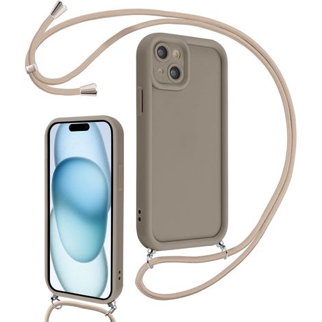 Coque pour iPhone 15 6,1" avec Cordon de Collier Réglable, Etui Protection de la Caméra Silicone Souple TPU Antichoc Housse avec Corde Lanyard Cover pour Femmes Filles, Kaki (1/5)