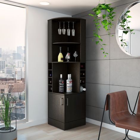 Tuhome Concept – Meuble bar d'angle noir 180,6 cm – Porte-gobelets – 4 cabines pour 8 bouteilles – Design moderne et élégant (1/4)