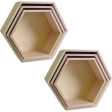 2 blocs de 3 étagères hexagone en bois 24-30 cm
