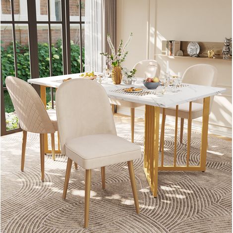4 sillas de comedor de terciopelo beige con patas de metal dorado, 45,5 x 62 x 87,5 cm (1/5)