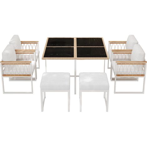 Ensemble de jardin 7 pièces pour 6 personnes, table verre trempé, corde polyester, accoudoirs WPC, idéal pour terrasse (1/5)