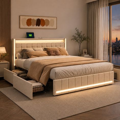 Lit double 140x200 cm avec 4 tiroirs, Lit rembourré avec LED, Chargement USB et Type-C, Sommier à lattes, lin beige, matelas non inclus (1/5)