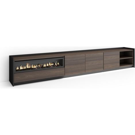 Skraut Home - Mueble TV, Televisión, Muebles de salón, almacenaje, 310x37x50cm, Para TV hasta 80", Chimenea eléctrica, LED, Estilo Moderno, Roble oscuro y Negro (1/5)