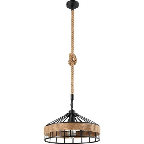 HAUTOUR Suspension en corde de chanvre rétro vintage - Lustre rond suspendu - Hauteur réglable - E27 - Lampe suspendue industrielle - Lampe de plafond tissée à la main (1/5)