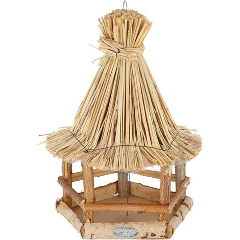 Mangeoire en bois et paille pour oiseaux à suspendre - Beige - D 26,5 x H 44,5 cm - Livraison gratuite (1/5)