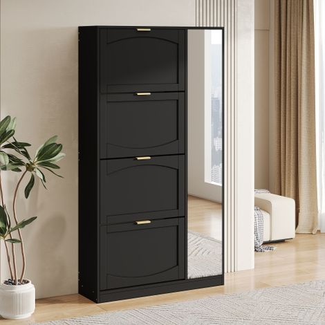 Meuble à chaussures moderne avec miroir, 4 compartiments de rangement basculants et une étagère réglable derrière le miroir de droite — Idéal pour l'entrée.