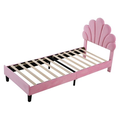 Polsterbett Doppelbett, Bettrahmen mit blumenförmigem Kopfteil und Lattenrost, Erwachsenen-Jugendbett in hautfreundlichem Samtstoff (1/5)