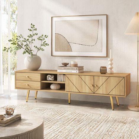 Meuble TV 160 cm avec 2 tiroirs, 2 portes et 2 niches ouvertes, pieds dorés, couleur bois DESVIAE (1/5)