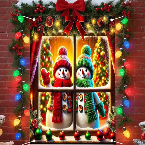 Bannière de Noël à suspendre à la fenêtre, décoration festive, toile de fond bonhomme de neige et Père Noël pour les fêtes de fin d'année - 80 x 120 cm (polyester) - Lot de 4