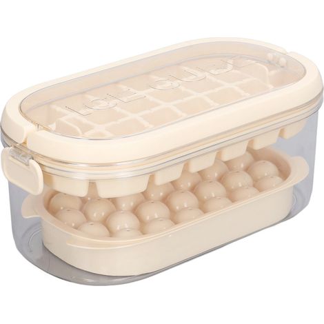 Bacs à glaçons ronds et carrés avec couvercle et récipient pour congélateur, bacs à glaçons avec pelle, lot de 54 glaçons [fond rigide], beige, 2 couches (1/5)