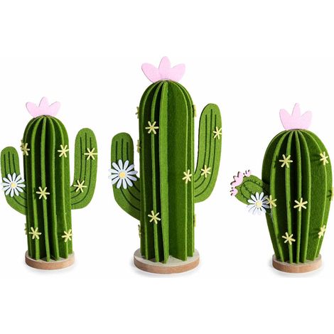 Cactus en feutrine avec petites fleurs colorées sur socle en bois, lot de 2, grand : 14 x 8 x H. 24,5 cm