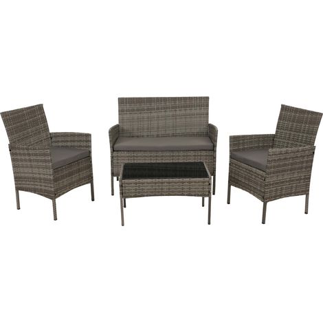 Set da giardino a 4 posti con tavolo in vetro e resina intrecciata grigia e cuscini grigi 040009735