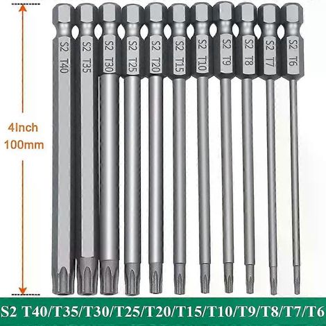Jeu de tournevis Torx de sécurité avec embouts de vissage, tige hexagonale de 6,35 mm (1/4 pouce), longueur de 101,6 mm (4 pouces), acier S2, 11/12 embouts Torx - JXLGV (1/5)