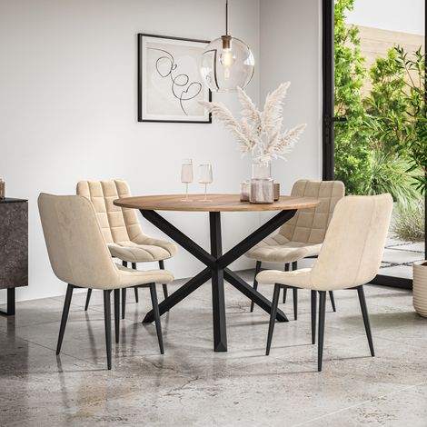 Malvern Round Dining Table And Chairs - Oak Table Top w Solid Black Oak Legs + Nova Velvet Dining Chair Set Of 4 (Beige) (1/5)