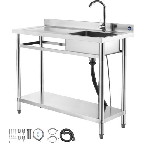 Mophorn Fregadero de acero inoxidable, 120 x 50 x 94 cm, con un seno, grifo para agua caliente y fría, y estante,ideal para garaje, restaurante, lavandería y uso exterior, con encimera izquierda,plata (1/5)