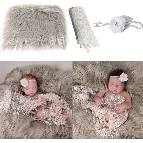 Accessoires photo pour bébé (3 pièces) : couverture douce gris clair et blanche, lange pour nouveau-né et bandeau fleuri. Tenues photo DIY pour garçons et filles. (1/5)