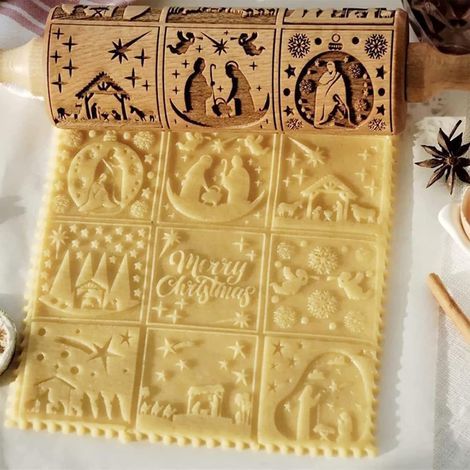 Rouleaux à Pâtisserie en Bois pour Noël, Rouleau à Pâtisserie 3D en Bois, Avec 9 Scènes Différentes pour La Cuisson de Biscuits en Relief, Rouleaux à Pâtisserie Gravés pour La Cuisson (1PCS) (1/5)
