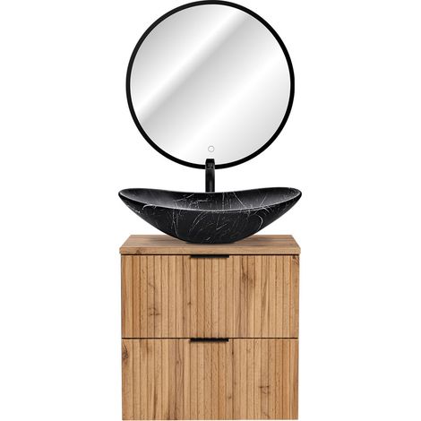 Badmöbel Set Wotaneiche Rillenoptik Keramik Waschtisch, LED-Spiegel schwarz mit Touch, B/H/T 61,5/200/46,5 cm (1/5)