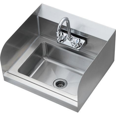 Évier de main commercial avec robinet et pare-éclaboussures latéral, en acier inoxydable, mural, pour lavage des mains, 43x32 cm, idéal restaurant, cuisine, bar, garage, maison. (1/5)