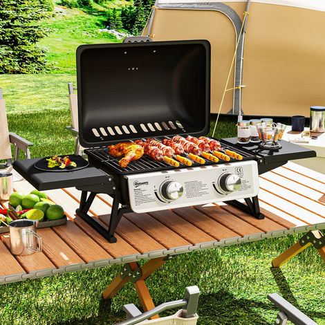 Barbecue a Gas Portatile con 2 Bruciatori e Coperchio con Termometro, Nero