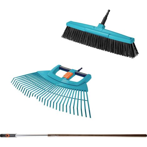 Gardena 17356-60 Combisystem Set per Prato e Pulizia: Composto da Scopa a ventaglio XXL, Scopa Stradale e Manico in Legno, per spazzare Foglie e rifiuti del Giardino e per Pulire i sentieri (1/5)