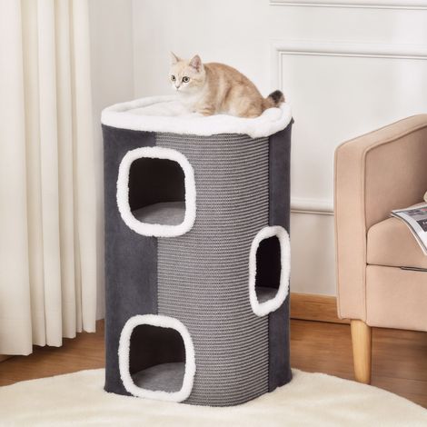 Griffoir en forme de tonneau de 74 cm de haut, à trois niveaux, avec coussin et rebord en peluche. Idéal pour les petits chats. Gris et blanc. (1/5)
