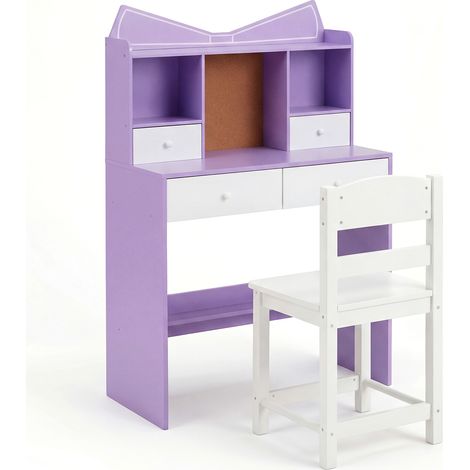 COSTWAY Children Computer Workstation Desk Chair Set Natural Wood Purple (1/5)
