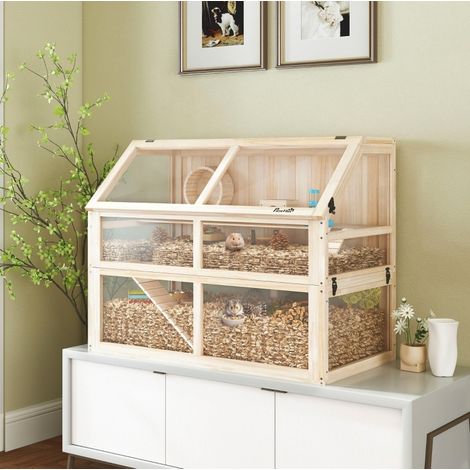 Cage à hamster 95x53x76 cm en bois naturel, 3 niveaux avec roue, pour petits rongeurs – MEUBLIV (1/5)