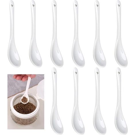 Juego de 10 cucharas de cerámica blanca, el postre y el café, Perfectas para restaurantes y cafeterías, Cucharas de porcelana de 12 × 2,8 cm (1/5)