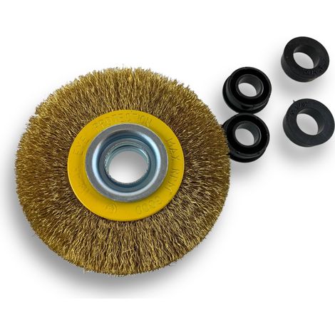 Brosse circulaire LAITON Ø 100 mm Epaisseur 2 rangs Fil souple 0.20 mm ondulé Alésage 16 mm Touret meuleuse affûteuse ponceuse Brossage décapage polissage dérouillage Kibros 234102LV (1/5)