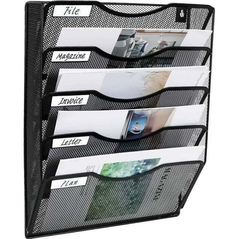 5 Poches Maille Mur Porte-Fichiers Bureau Suspendu Dossier Dossier Magazine Rack Courrier Trieur Bin étiquette porte-nom incluse, noire-- (1/5)