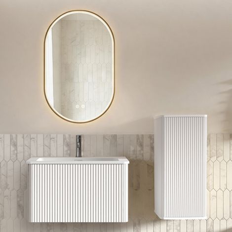 Mueble de lavabo mural de 80 cm en MDF blanco con espejo LED y almacenaje – MEUBLIV (1/5)